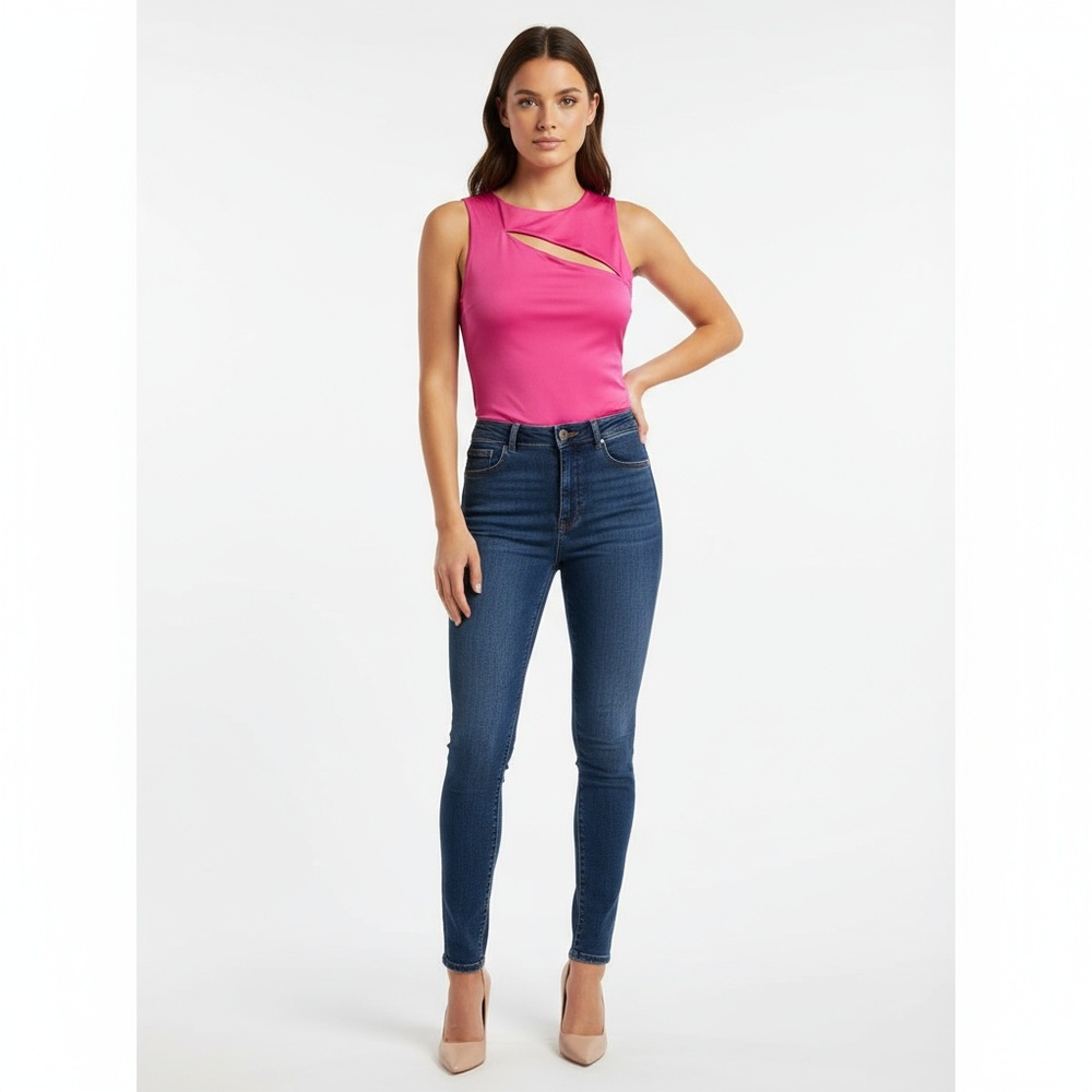 London Rose Womens Sleeveless Bodysuit Fuchsia Hot Pink Slit Chest Cutout‎ Sexy